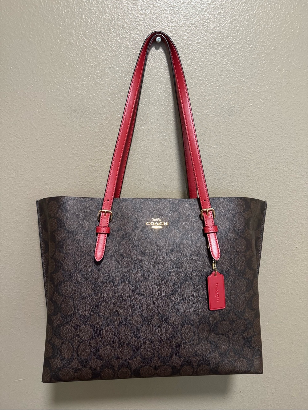 Coache Mollie Brown Signature Canvas Tote with Red Leather Straps